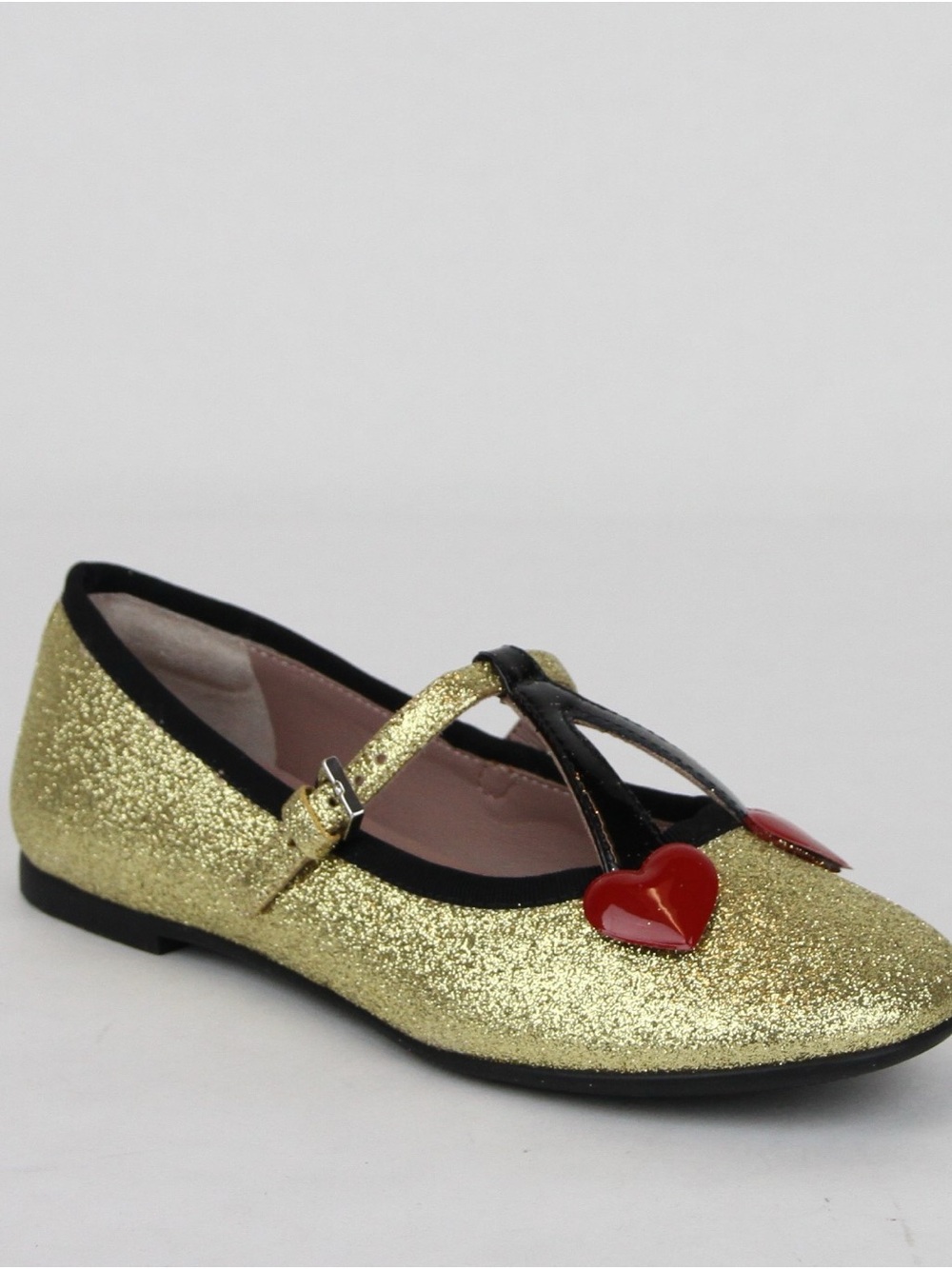 Gucci Girls' Gold Glitter Mary Jane Flats with Red Heart Accents
